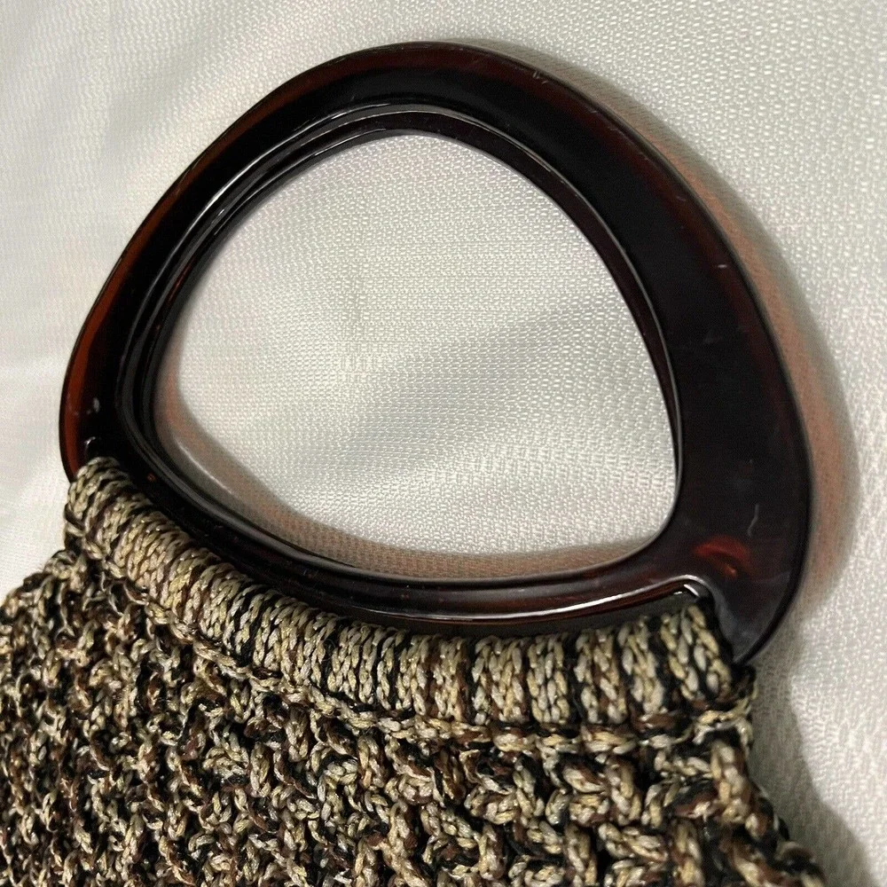 Vintage 60’s-70’s BOHO Brown Beige Macrame Handbag Purse Lucite Top Handles